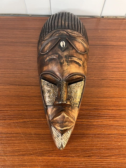 Handcrafted African Wood/ Metal Carved Tribal Wallhanging Art Mask Made in Ghana