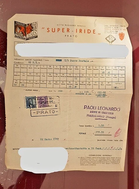 fattura intestata super iride colori prato 1941