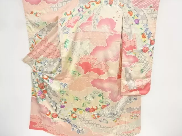 82936# Japanese Kimono / Antique Furisode / Embroidery / Flower & Bird &