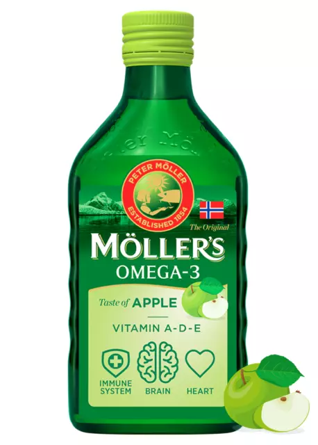 MOLLERS APPLE 250 ml Moller's Fish Cod Liver Oil OMEGA 3 Vit A+E+D3 600IU Tran