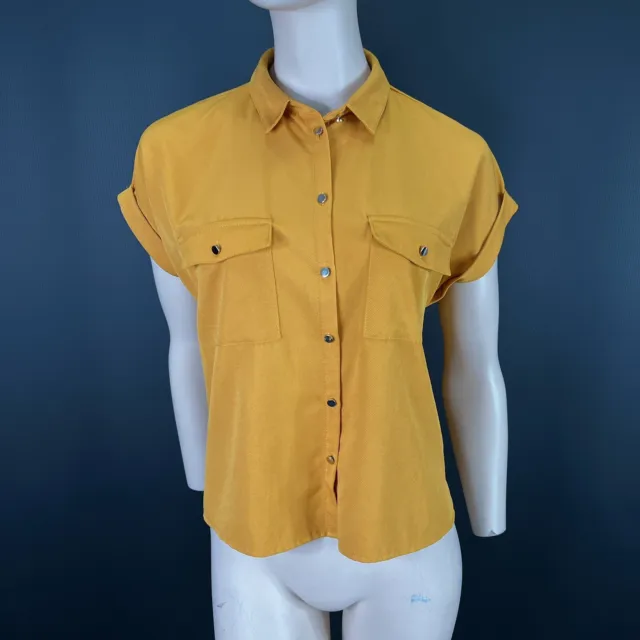 H&M Shirt 10 Womens Mustard Yellow Collared Turn Up Short Sleeves Pockets Plain