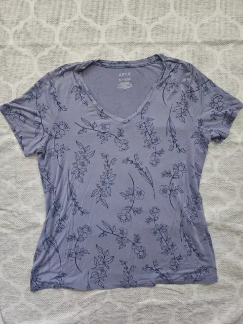 APT. 9 Essentials T-Shirt Top Women's Short Sleeve Blue Floral STRETCH X-Large