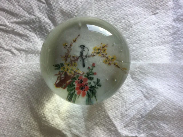 VINTAGE CHINESE WHITE GLASS PAPERWEIGHT with BIRD & FLOWERS