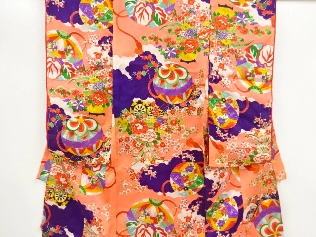 97820# Japanese Kimono / Antique Kimono For Girls / Floral Cart & Mari Ball