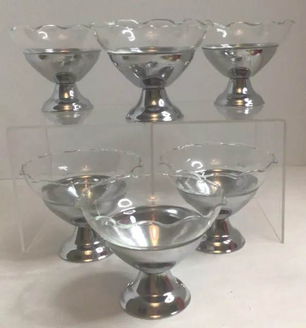 Set of 6 Vtg Retro Aluminum & Glass Sherbet Cups Ice Cream Dishes | Rippled Rim