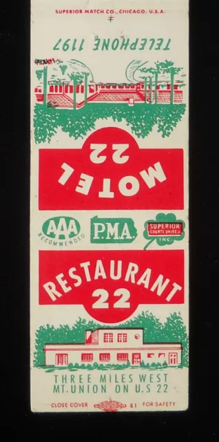 1950s Restaurant 22 Motel 22 Telephone 1197 3 Mi W of Mt. Union Mapleton PA MB