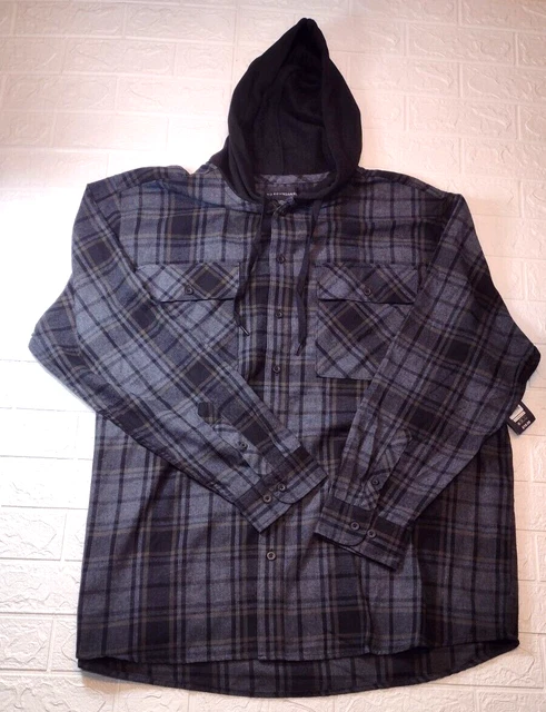 No Boundaries Hooded Flannel Long Sleeve Button Down Shirt grey/black/blue 3XL No Boundaries Hooded Flannel Long Sleeve Button Down Shirt grey/black/blue 3XL