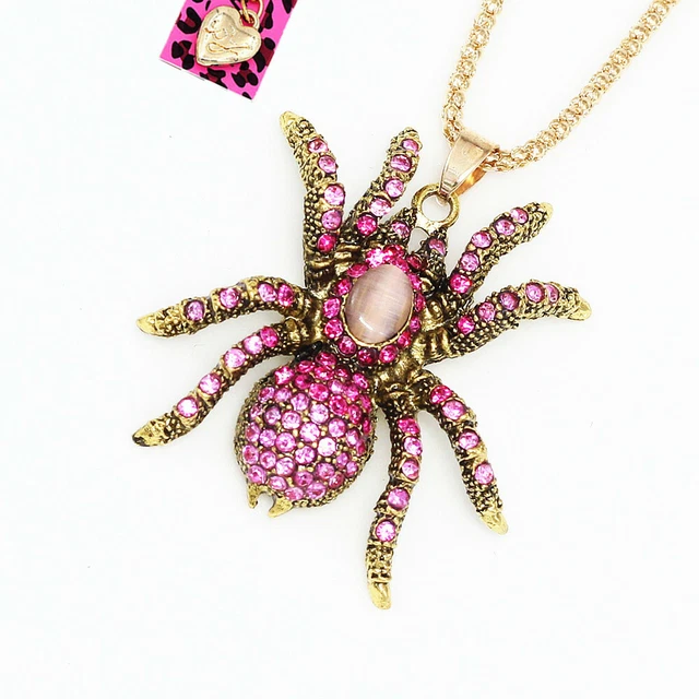 Betsey Johnson Crystal Rhinestone Spider Pendant Sweater Chain Retro Necklace