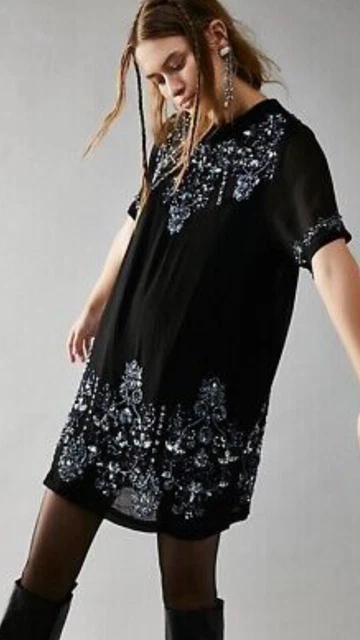 FREE PEOPLE Bali Twilight Mini Dress Black Sheer UK S 8 - 10 RRP $500