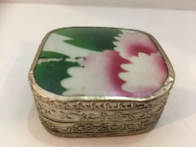 Antique Chinese Porcelain Shard Silver Plated Box with Floral Design