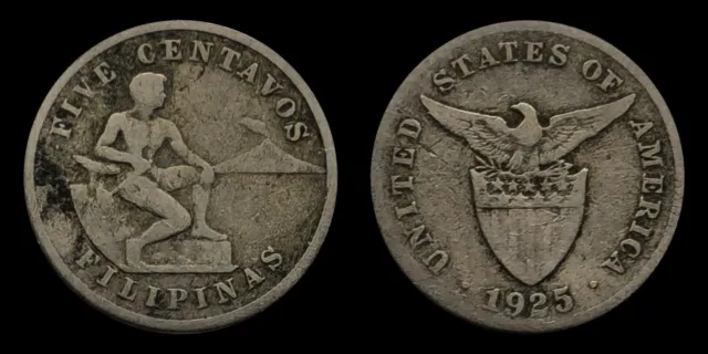1925 Philippines 5 Centavos Coin, Seated man with hammer and anvil, Low Mintage