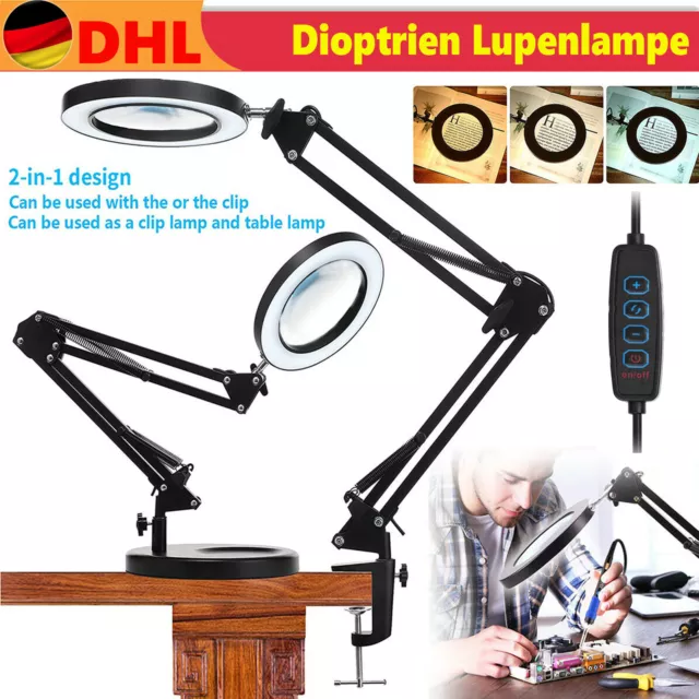 2-in-1 Lupe mit Licht und Ständer 10X Lupenleucht Dimmbare LED Schreibtischlampe