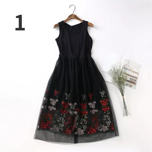 Femmes Broderie Dentelle Robe Débardeur Long sans Manche Maille Bord Floral Été
