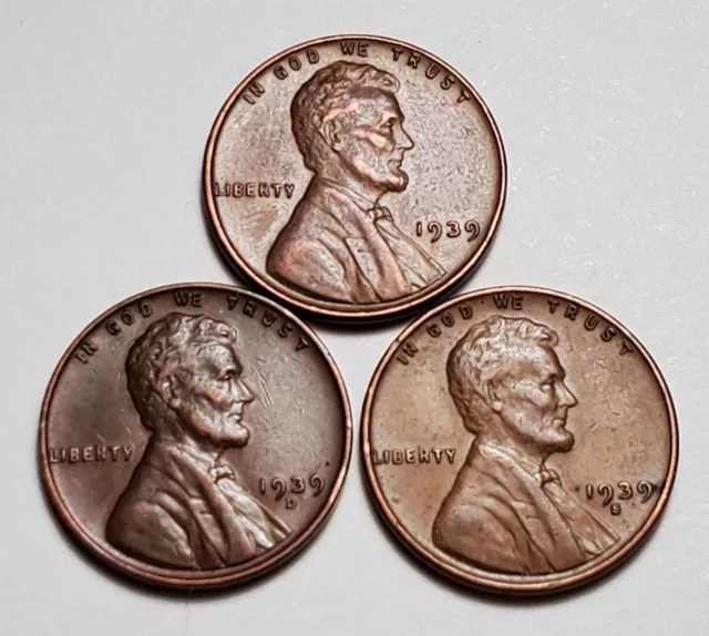 1939 P D S Lincoln Wheat Penny Higher Grade 3 Coin Set #C2370