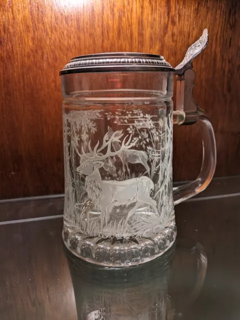 Clear Glass Lidded Beer Stein, Hand-Painted Deer, Made in West Germany