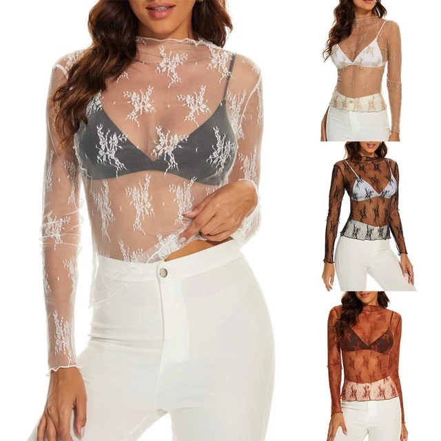 Top donna a strati con corpo a maglia trasparente maniche lunghe e ricamo florea