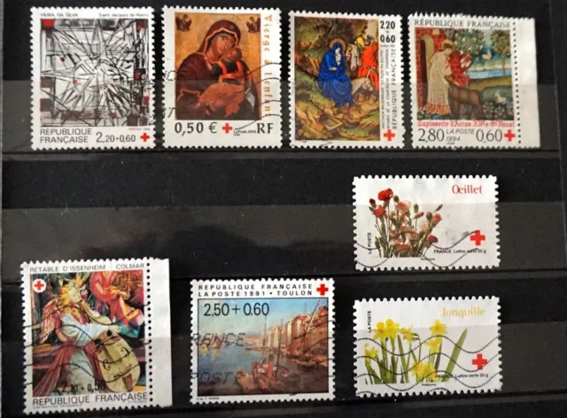 Lot de 8 timbres oblitérés  FRANCE - Croix Rouge