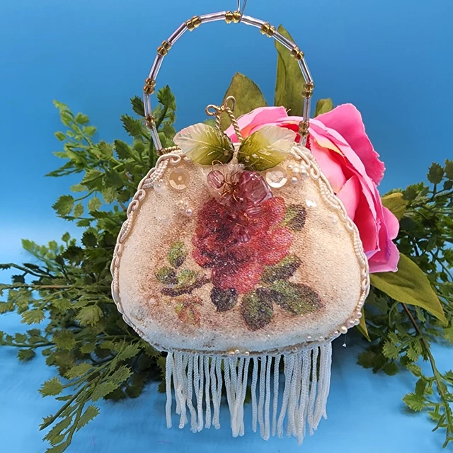 Victorian Purse Pink Roses Leaves "Sugared" Ornament Beads CMAS Figurine 4" v1