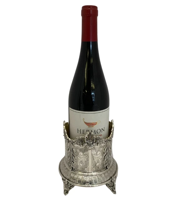 Fine 925 Sterling Silver Handmade Leaf Applique Chased Swirl Wine Bottle Holder