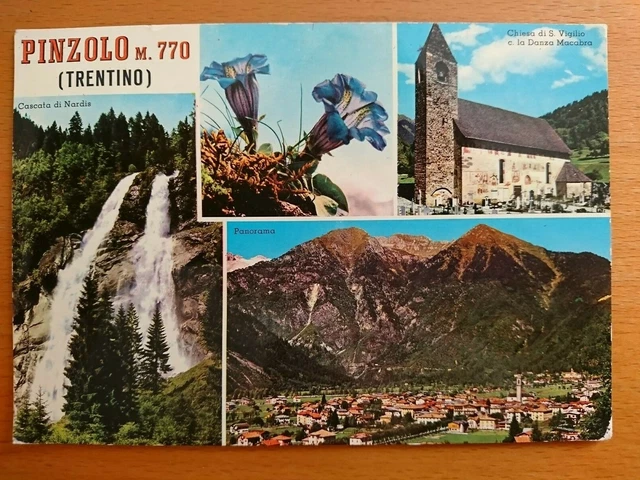 Cartolina PINZOLO Trento Cascata di Nardis Genzianelle Chiesa S. Vigilio Danza