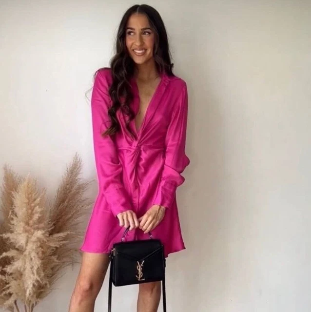 ZARA Satin Effect Barbie Fuschia  Tie Front  Mini Dress Small