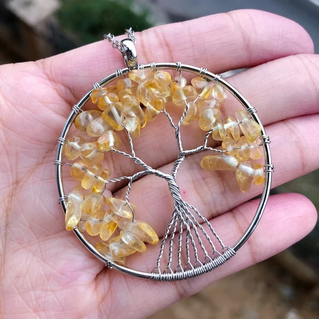 Yellow Crystal Stone Tree Of Life Pendant Necklace Chakra Reiki Healing Amulet