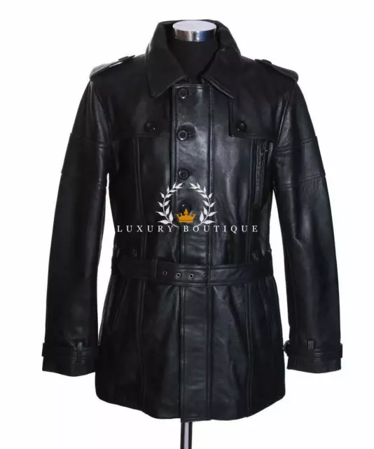 Sergeant Black (7412) New Men's Real Cowhide Leather Military Winter Trench Coat