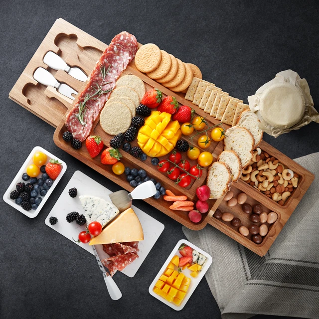 Large Acacia Wood Cheese Board Set Charcuterie Serving Tray 2 Slide-Out Drawers