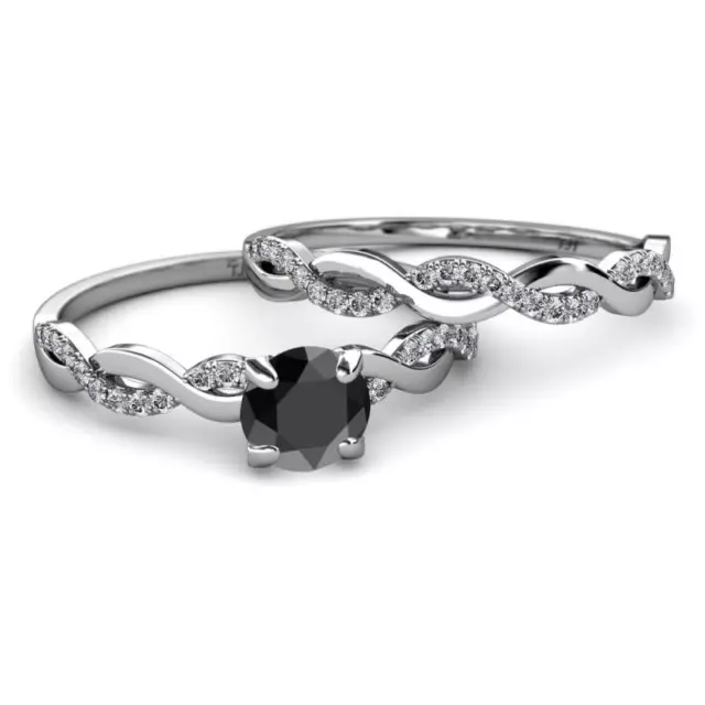 1.21ctcs Schwarz Rund Brilliant Diamant Verlobungsring Set 14kt Weiß Gold Ring