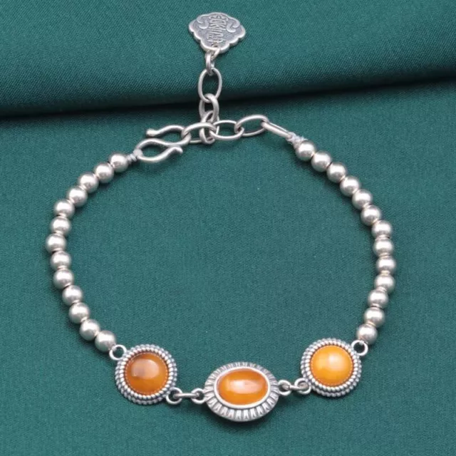 A22 Bracciale Con Gialla Ambra Sfere D'Agento Asiatico Argento Sterling 925