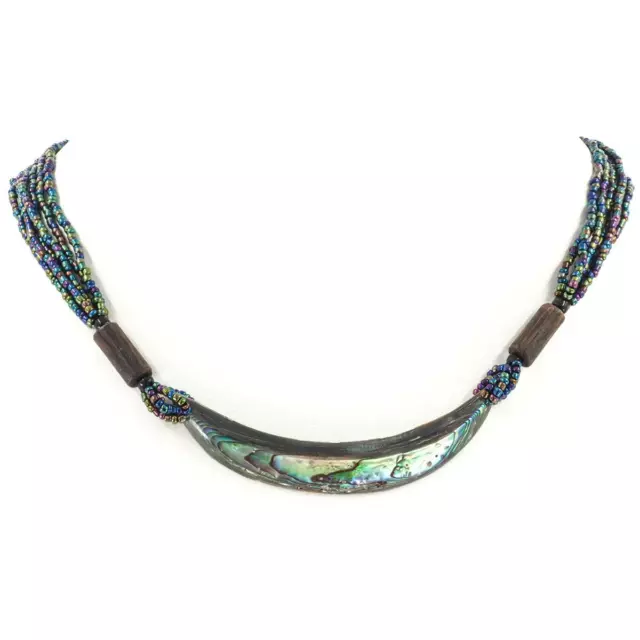Paua Abalone Shell Crescent Moon Iridescent Beads Necklace, 18"