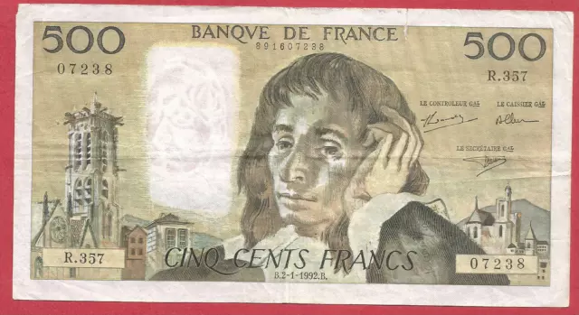 Billet FRANCE : 500 francs PASCAL du 2/1/1992