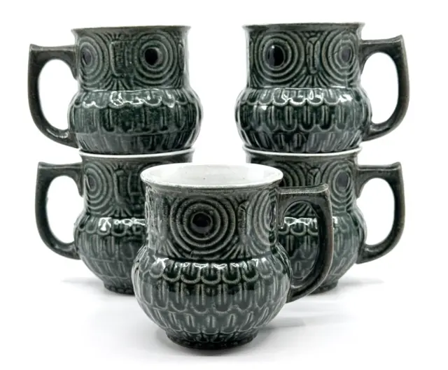 (5) Vintage OWL Mug POTTERY Coffee Cup SET Japanese STONEWARE 60s 70s MCM Boho