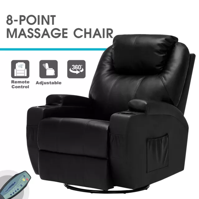 Advwin Electric Heated Massage Chair 360 Swivel Recliner PU Armchair Sofa Black
