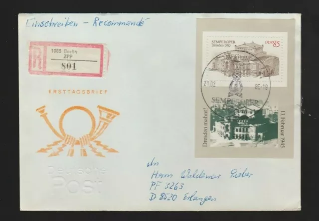 DDR Ersttagsbrief "Semperoper Dresden" FDC Block 80 Mi.- Nr. 2928 von 1985