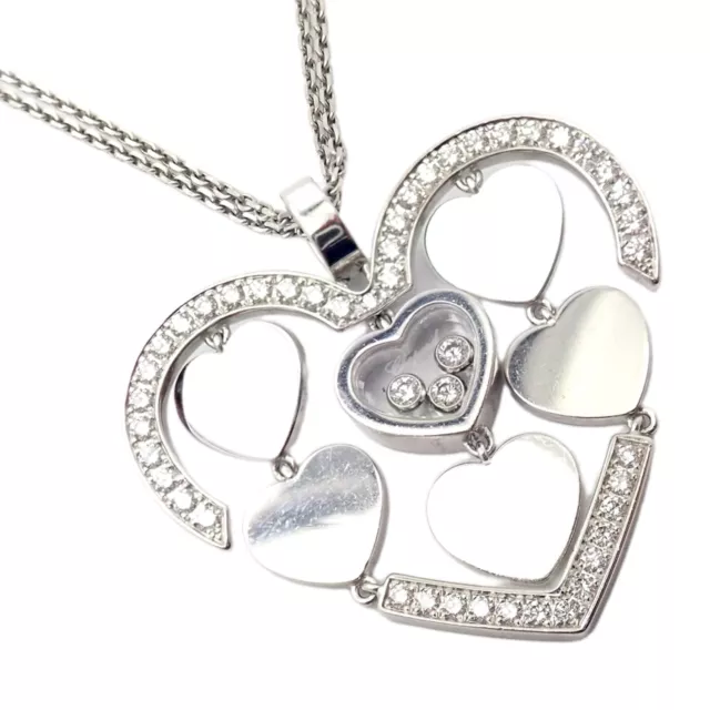 Authentic! Chopard 18k White Gold Large Double Happy Hearts Diamond Necklace