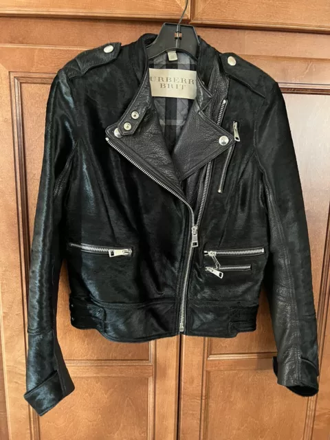 Burberry Brit Women’s Black Calf Hair Moto Biker Leather Jacket Size US6