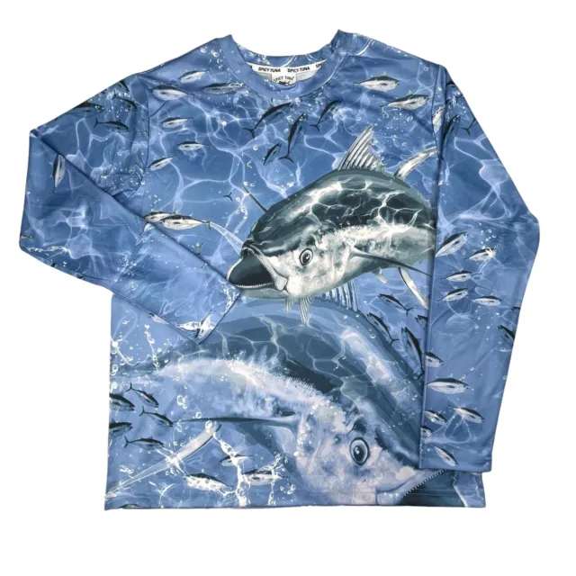SPICY TUNA T-SHIRT Mens Small Blue All Over Print Fish Long Sleeve Active  Tee $9.59 - PicClick