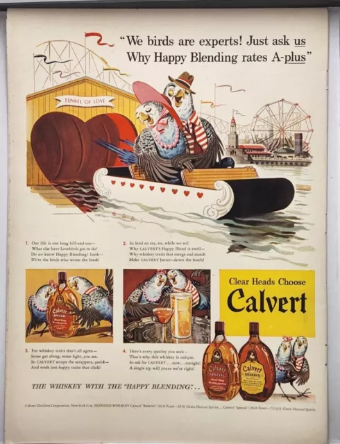 1942 Calvert Whiskey Happy Birds & Tunnel Of Love Vtg WWII Era Color Print Ad