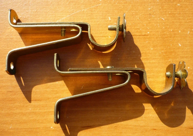 (2) Vintage Brass Finish Adjustable 5/8" Curtain Rod Bracket Holder Drapery Rod
