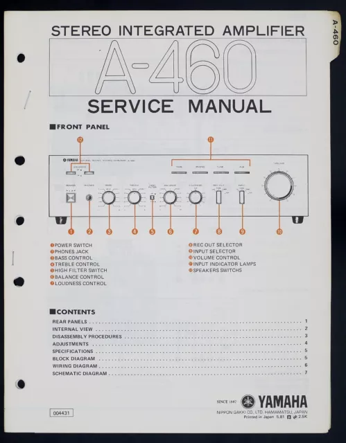 Original YAMAHA A-460 Stereo Amplifier Service-Manual/Diagram/Parts List o140