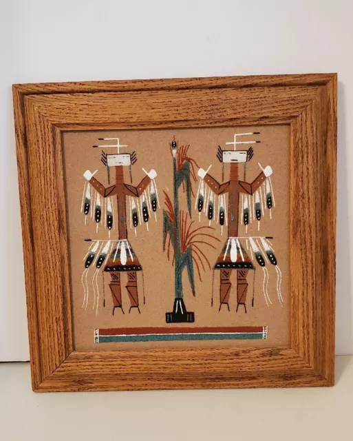 Navajo Sandart Framed Art "Corn" Signed By Artist