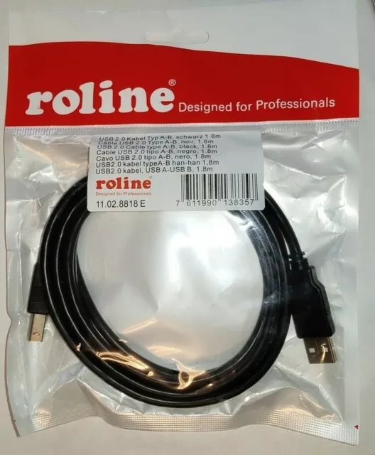 ROLINE 11.02.8818 USB 2.0 Cable 1.8m, USB-A to USB-B up to 480 Mbit/s, Black