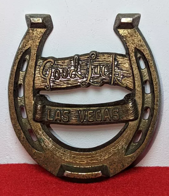 50's Vintage GOOD LUCK LAS VEGAS Horseshoe Paperweight Solid Japan w/Sticker