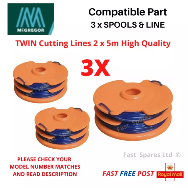 3 x Spool & Line per McGregor MET3525 MET4530 MET6032 Tagliaerba POSTA VELOCE