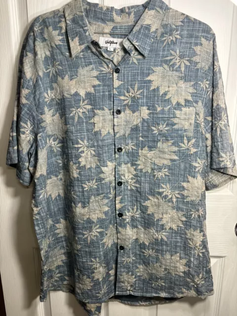 Vatpave Mens Hawaiian Shirt Large Blue Tan Floral Short Sleeve Button Up Casual