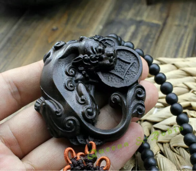 Ebony Wood Carving Chinese Wealth Pi Xiu Yao Sculpture Prayer Beads Car Hanger 3