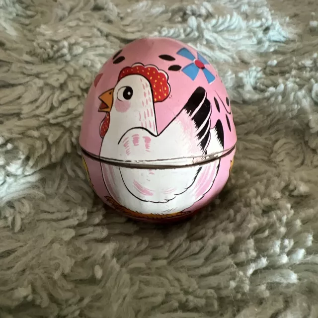 Haji Tin Litho Easter Egg Made In Japan. Pink W/Chickens, Chicks, Flowers