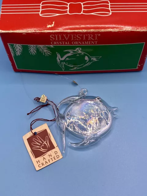 Vintage Silvestri Crystal Glass Iridescent 3D Fish Christmas Ornament NIOB