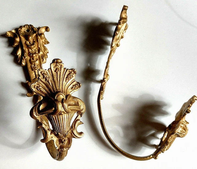 19th C Pair French Gilt Bronze Curtain Rod Holders Brackets Louis XV - Salvage